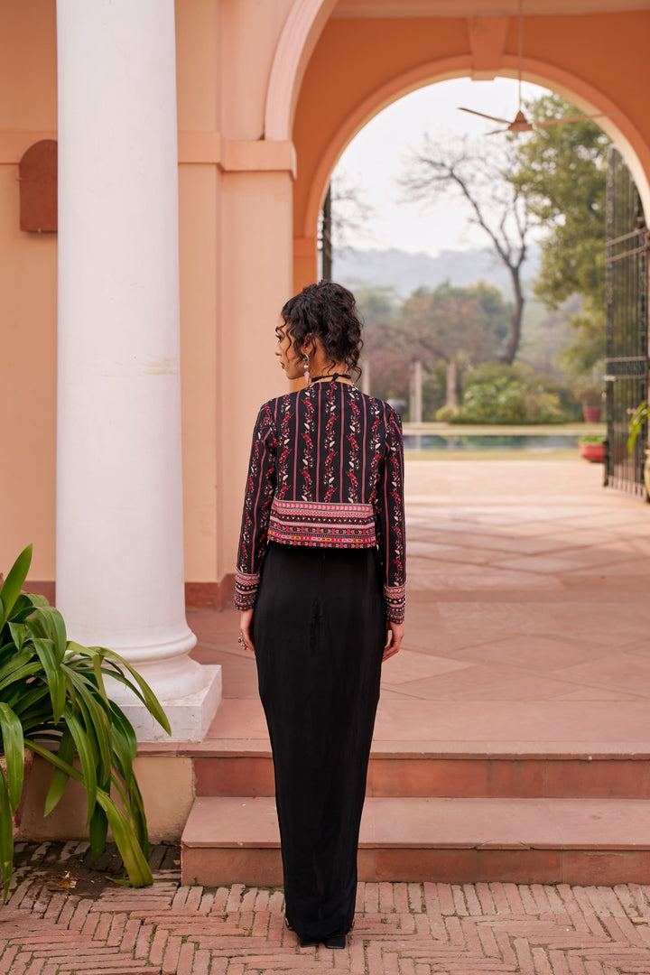 Black Short Jacket With Inner And Draped Skirt