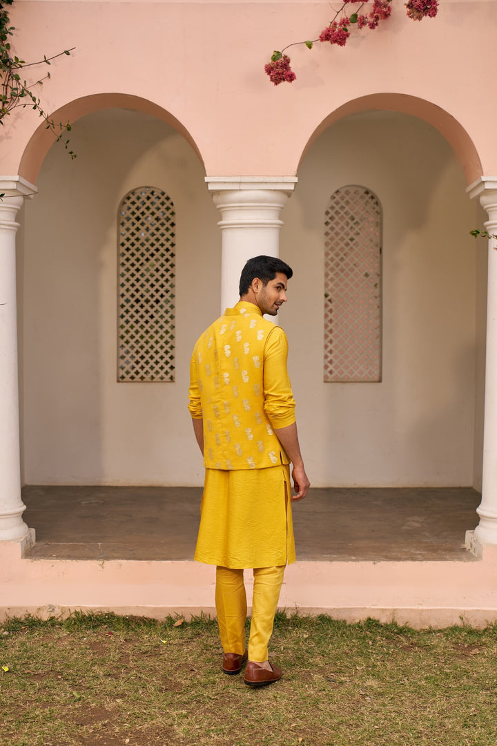 Yellow Kurta Set With Bundi