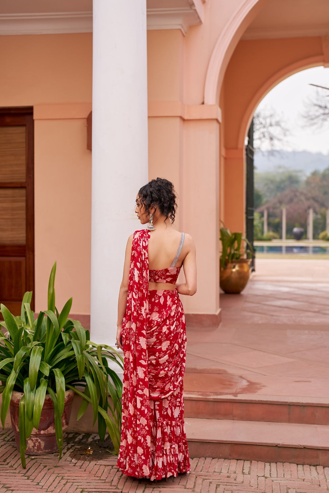 Red Printed Saree With Blouse