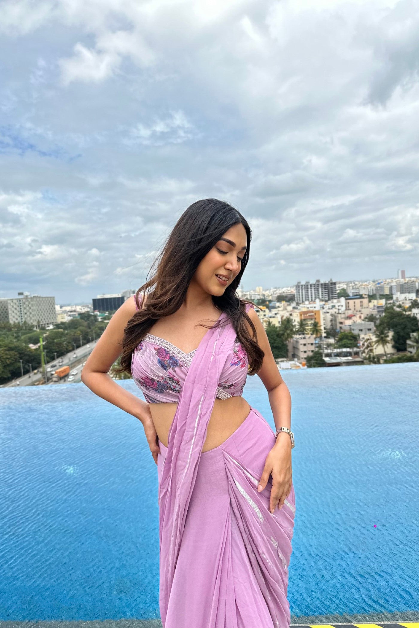 Influencer Cipia in lavender saree with printed blouse