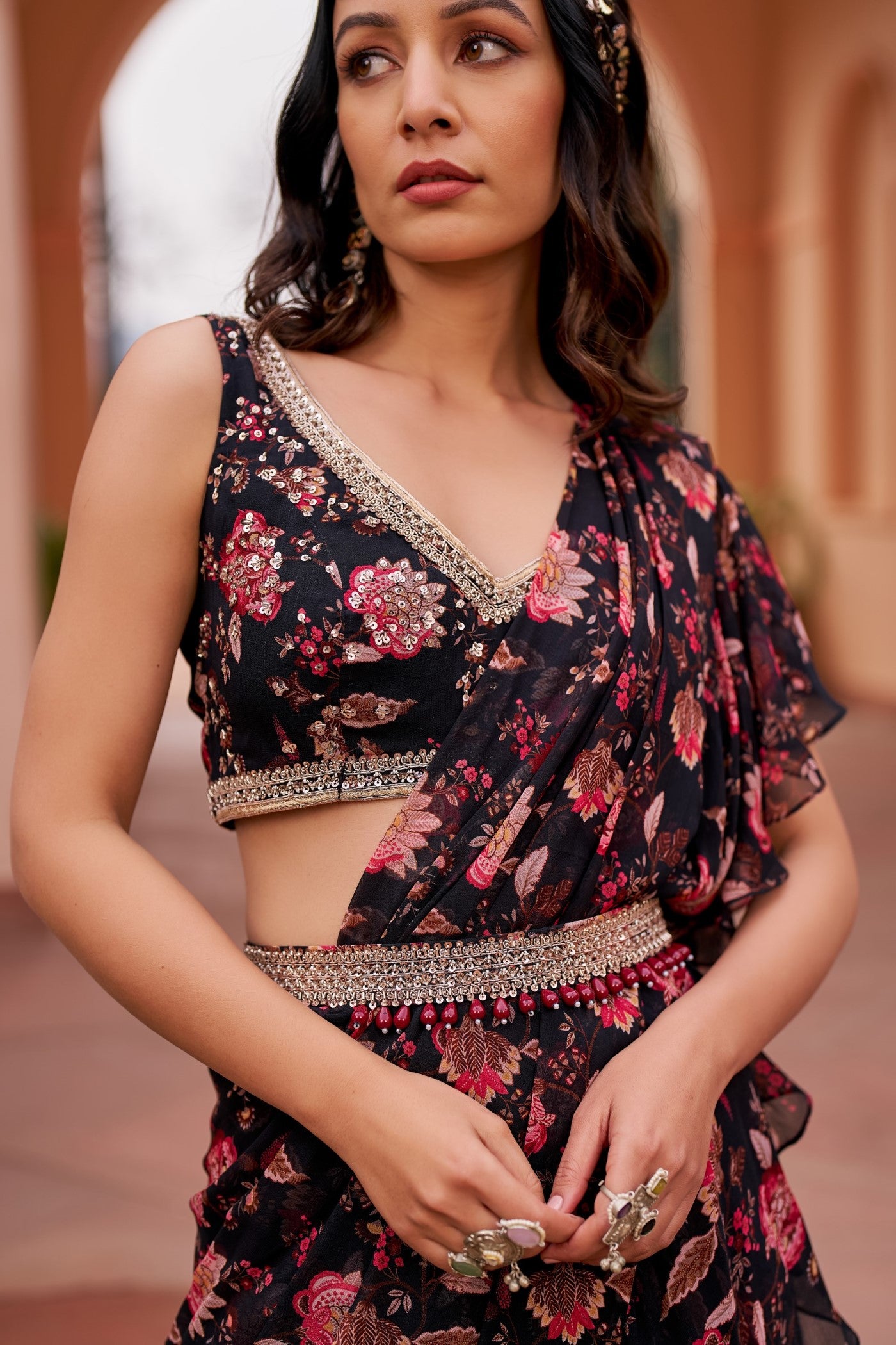 Black Printed Saree With Blouse And Belt
