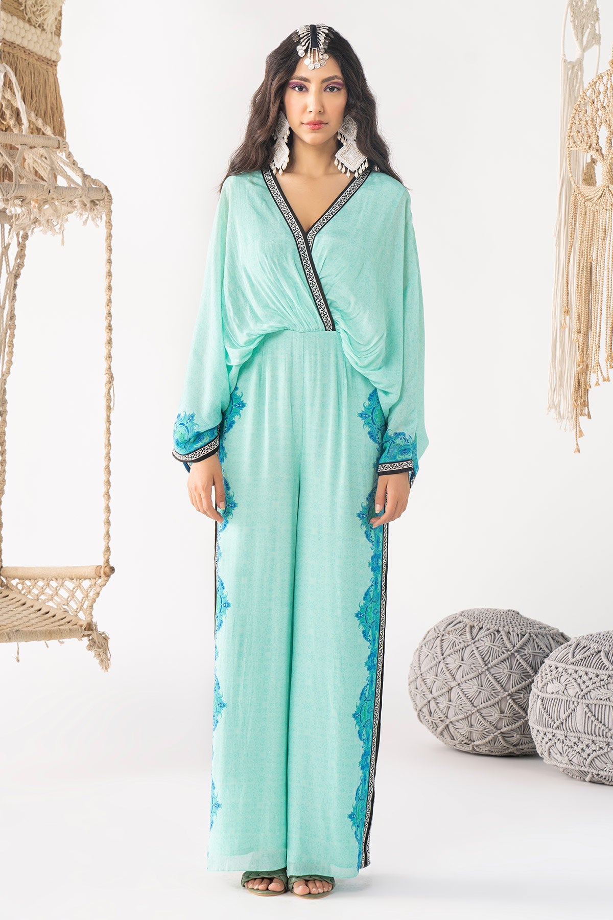 Aqua Blue Printed Jumpsuit - RTS
