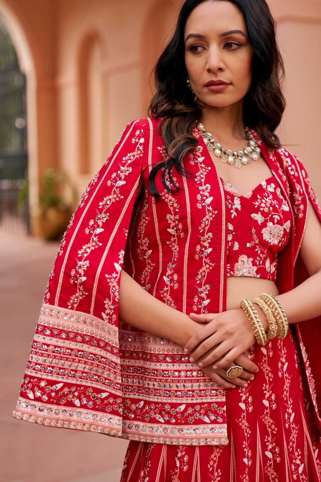 Red Lehenga With Cape And Inner