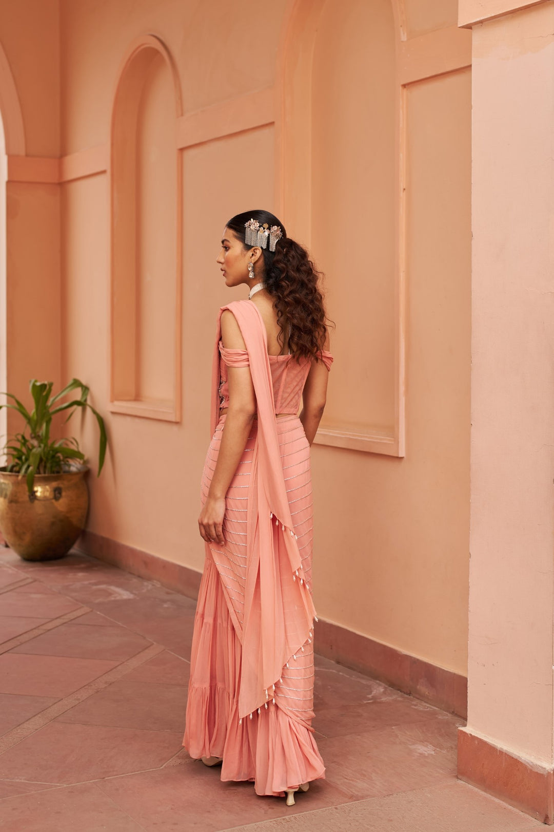 Peach Sharara Saree With Corset Blouse