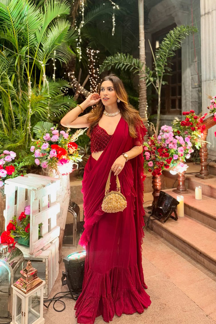 Kanika Khatri in our Maroon saree with embroidered blouse