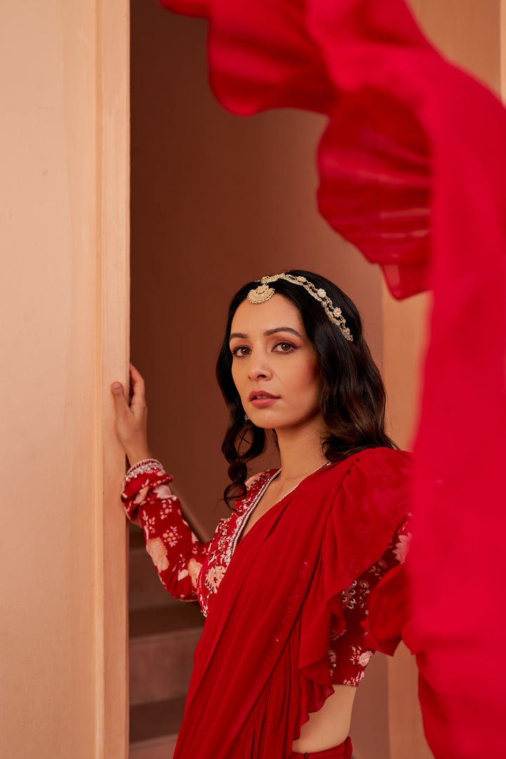 Red Saree With Printed Blouse