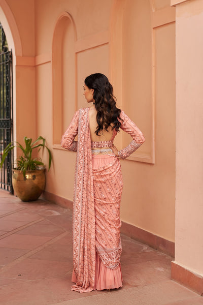Peach Sharara Saree With Blouse And Belt