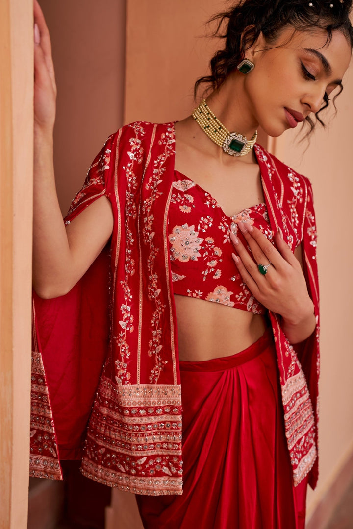 Red Printed Cape And Bustier With Draped Skirt