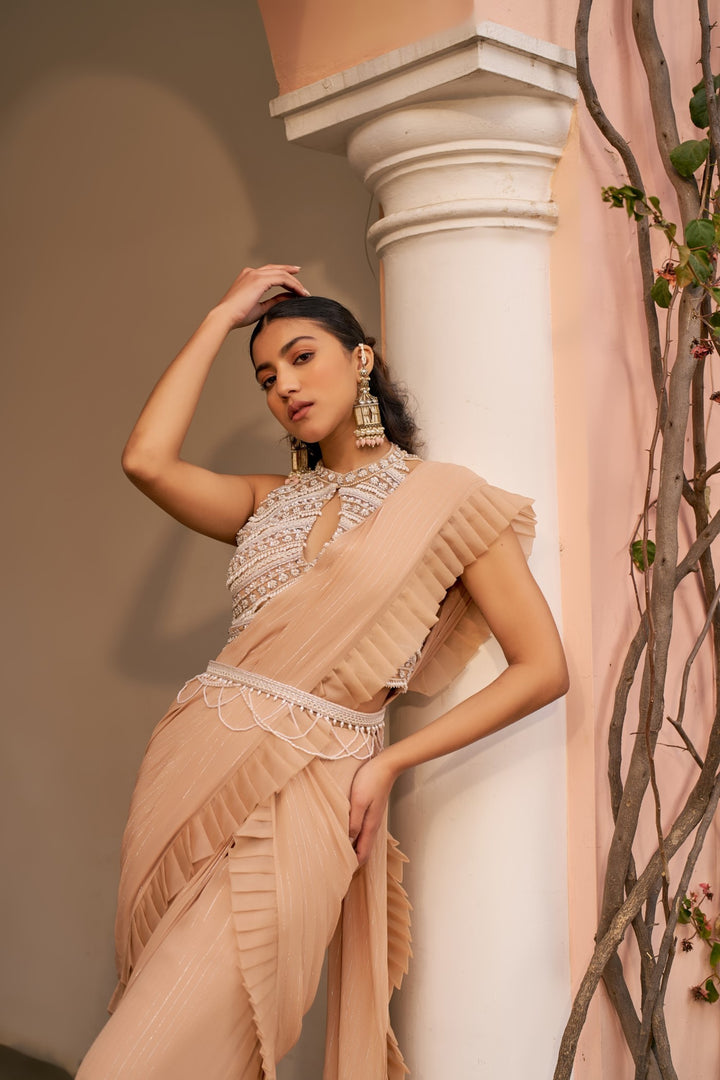 Beige Saree With Embroidered Blouse And Belt