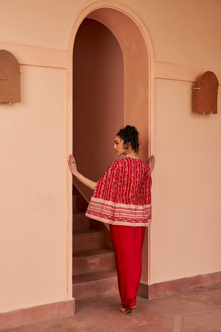 Red Printed Cape And Bustier With Draped Skirt