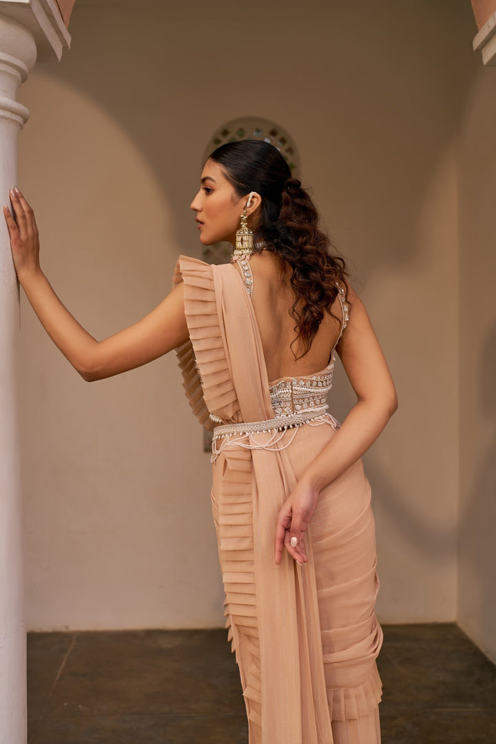 Beige Saree With Embroidered Blouse And Belt