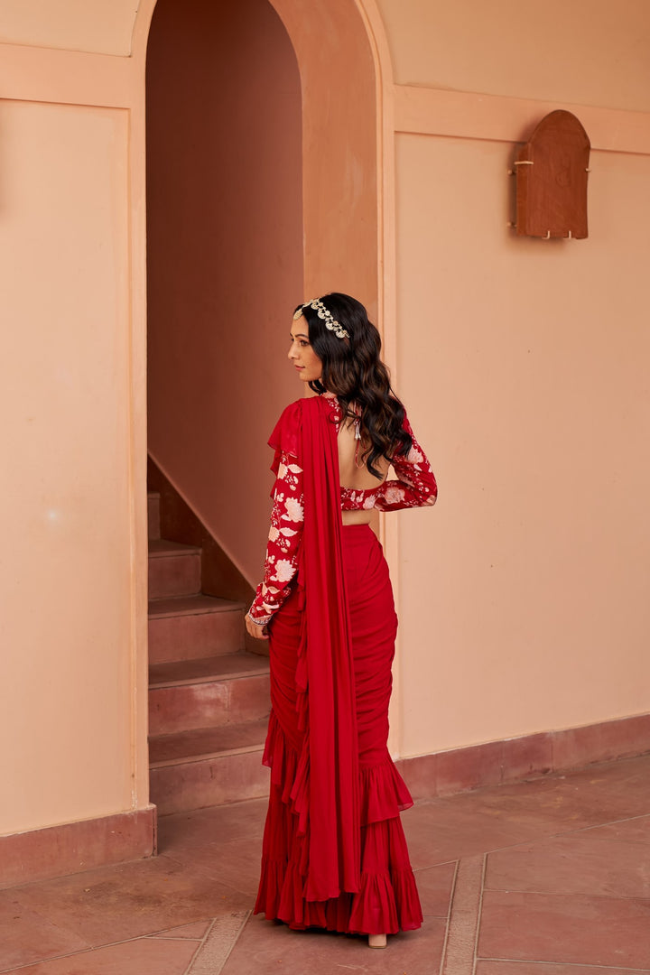 Red Saree With Printed Blouse