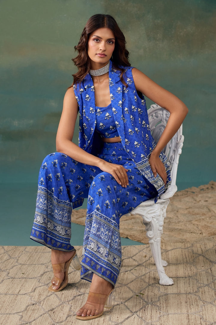 Royal Blue Jacket With Pant And Bustier
