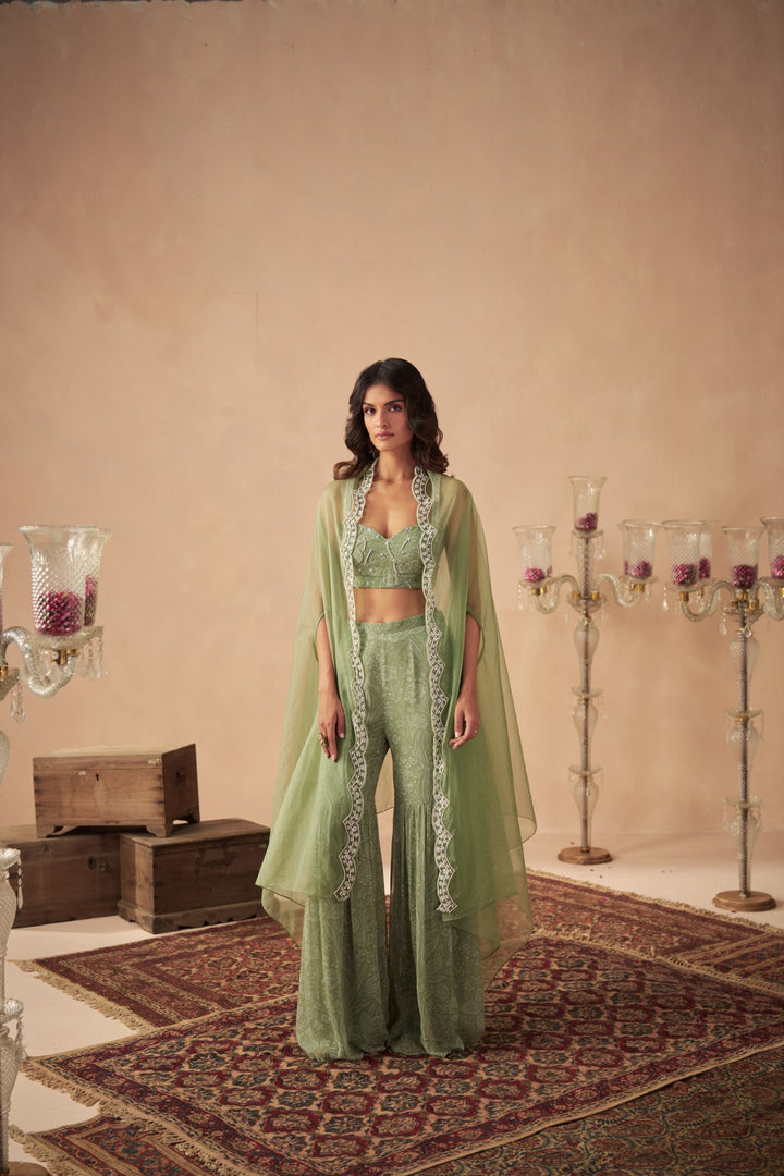 Sage Green Meadow Sharara and Bustier with Cape