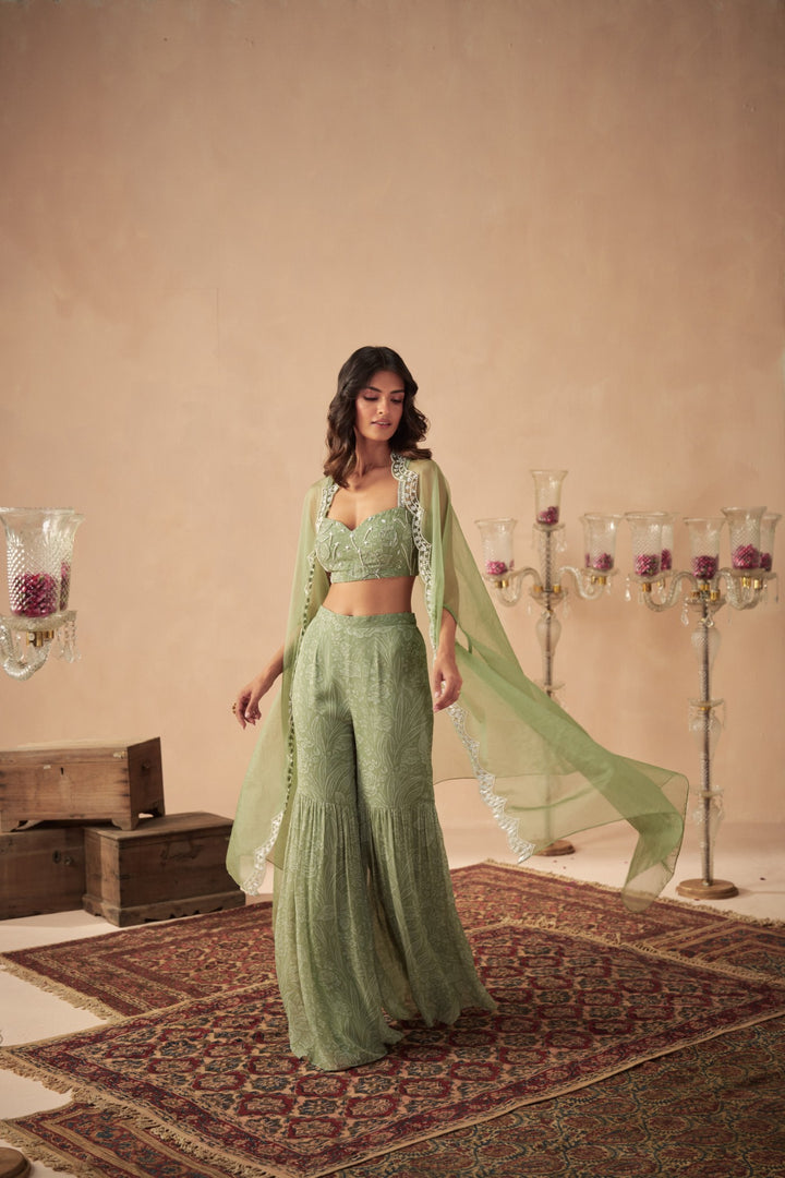 Sage Green Meadow Sharara and Bustier with Cape