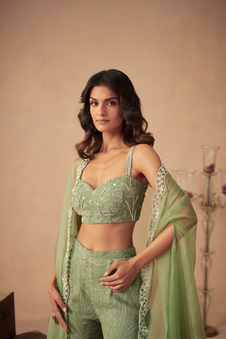 Sage Green Meadow Sharara and Bustier with Cape