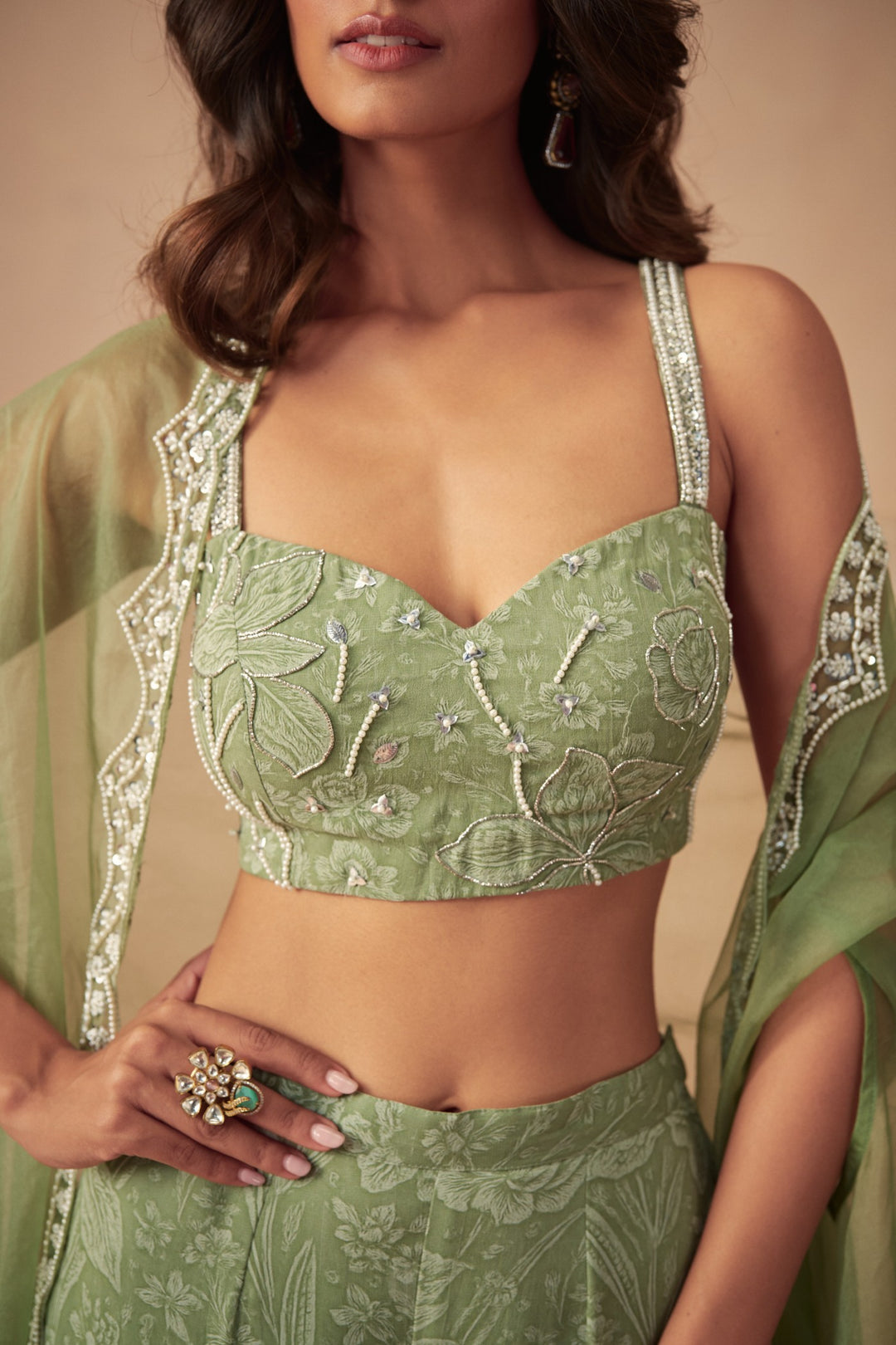 Sage Green Meadow Sharara and Bustier with Cape
