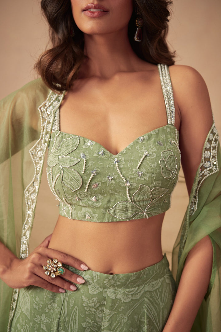 Sage Green Meadow Sharara and Bustier with Cape