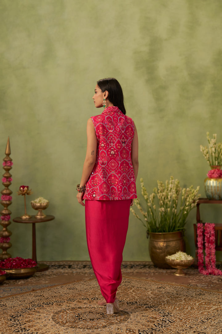 Rani Pink Jacket With Draped Skirt And Bustier