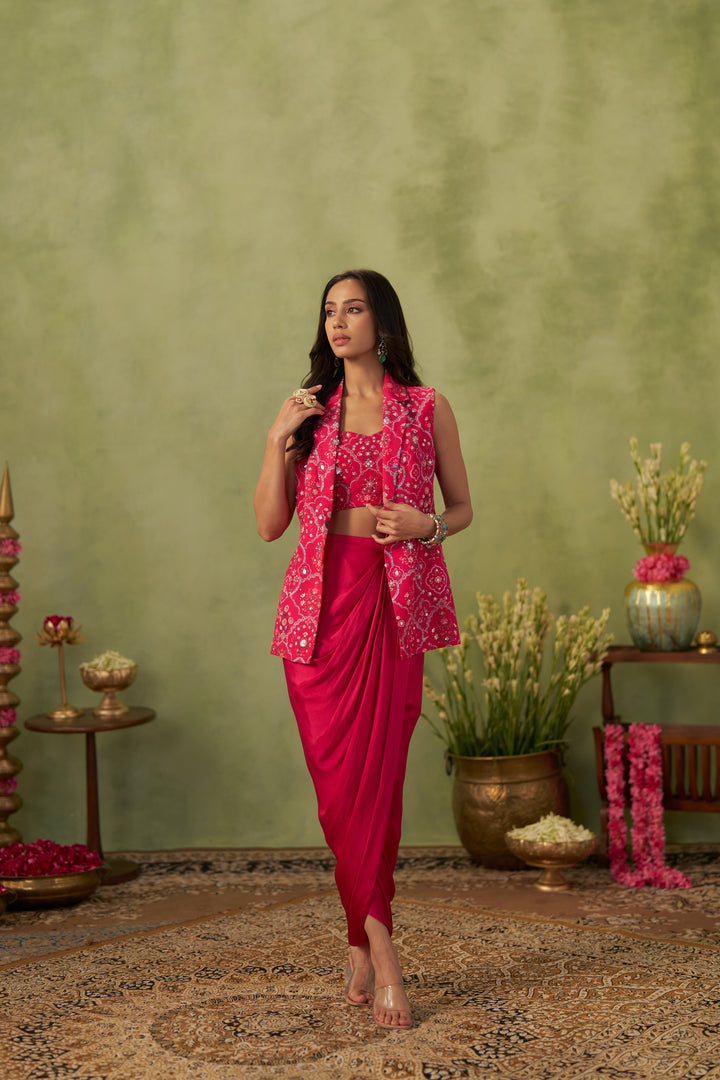 Rani Pink Jacket With Draped Skirt And Bustier