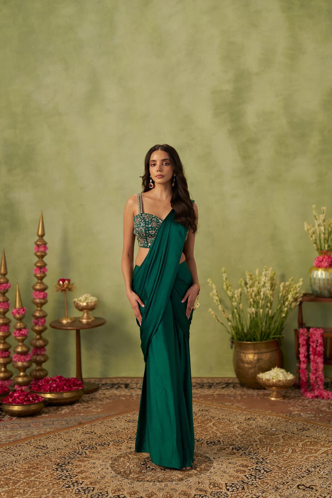 Emerald Green Satin Saree