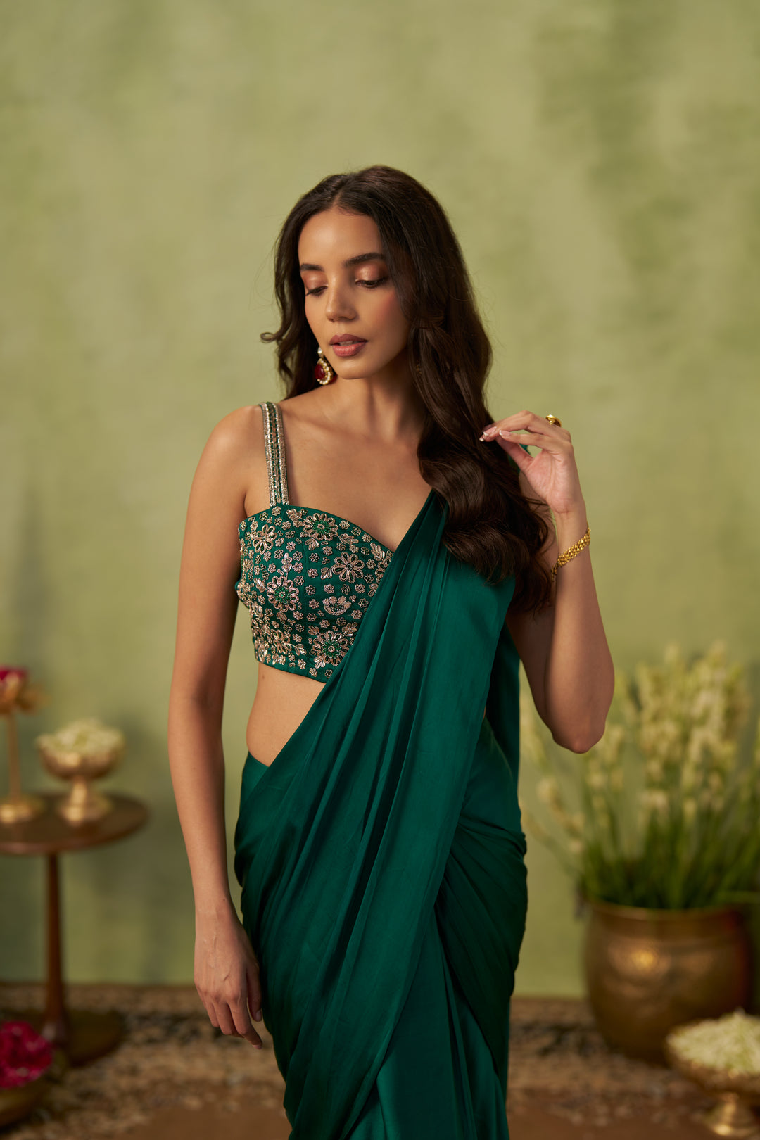 Emerald Green Satin Saree