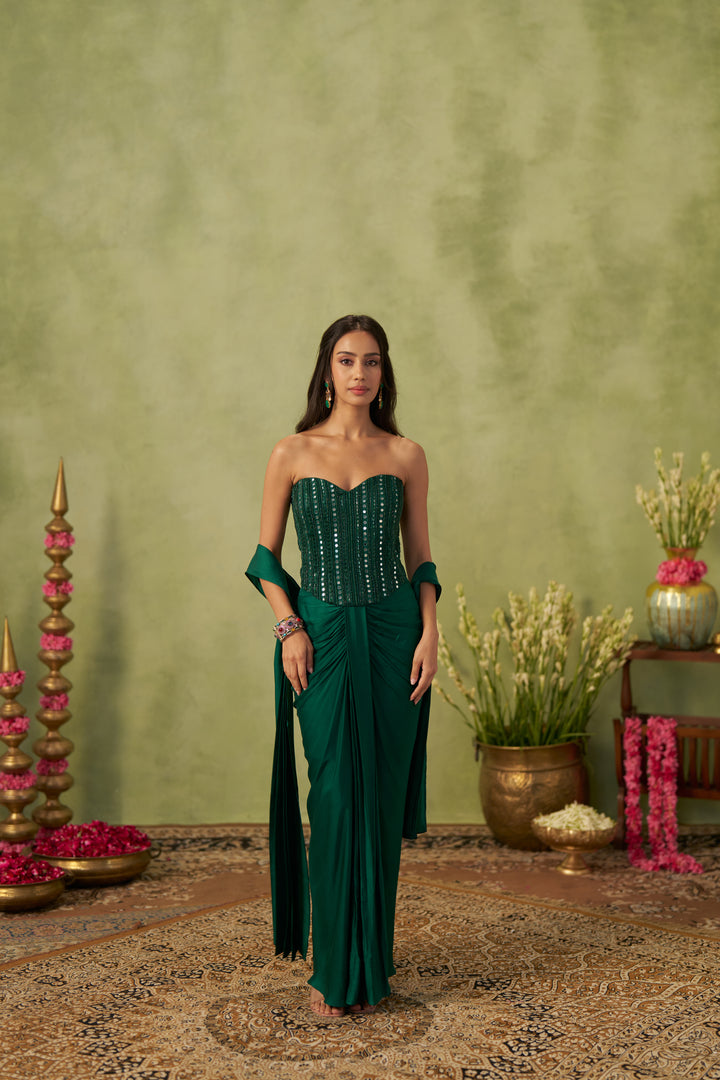 Emerald Green Corset And Draped Skirt With Stole