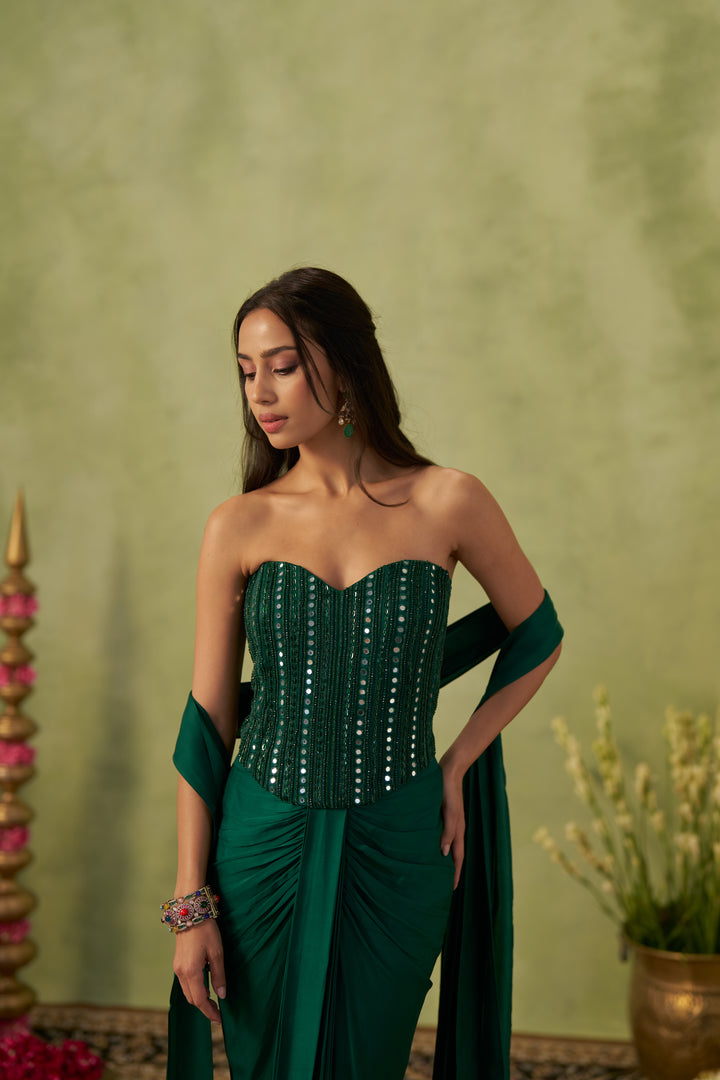 Emerald Green Corset And Draped Skirt With Stole