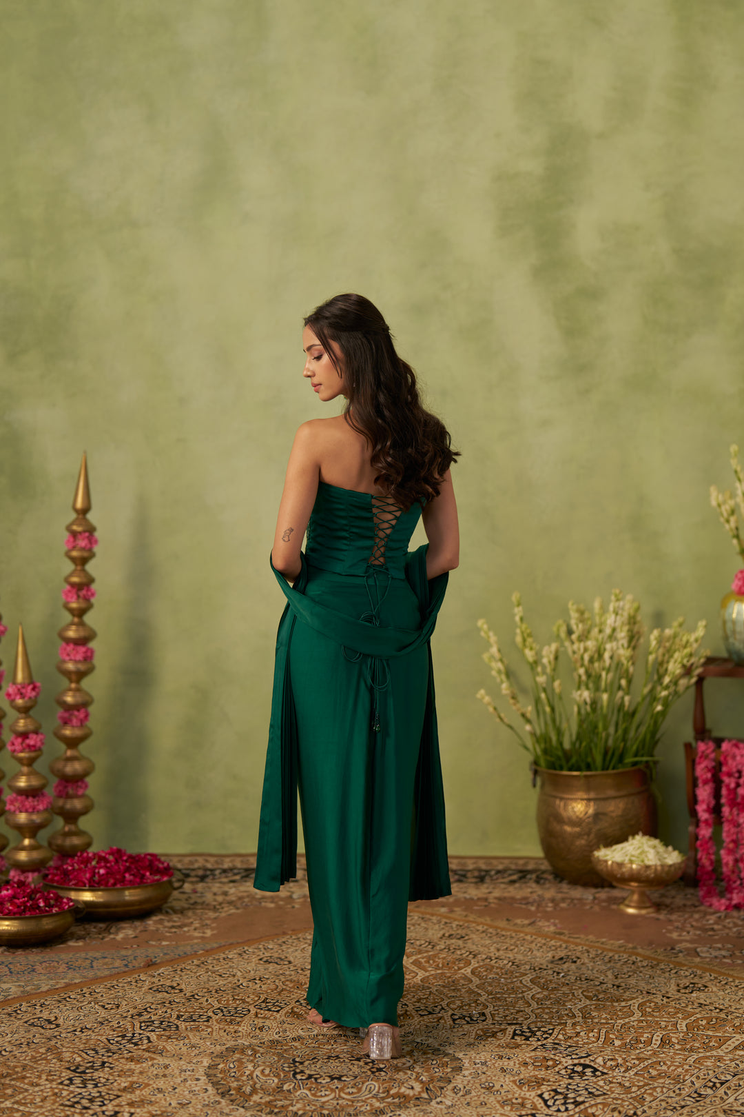 Emerald Green Corset And Draped Skirt With Stole