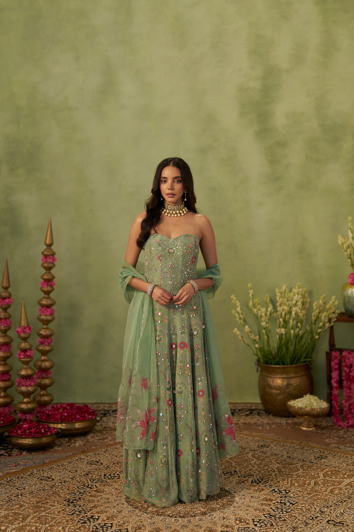 Pista Corset And Lehenga With Dupatta