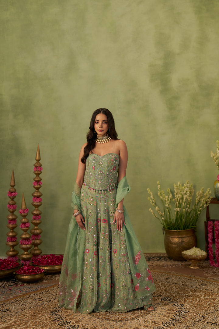 Pista Corset And Lehenga With Dupatta