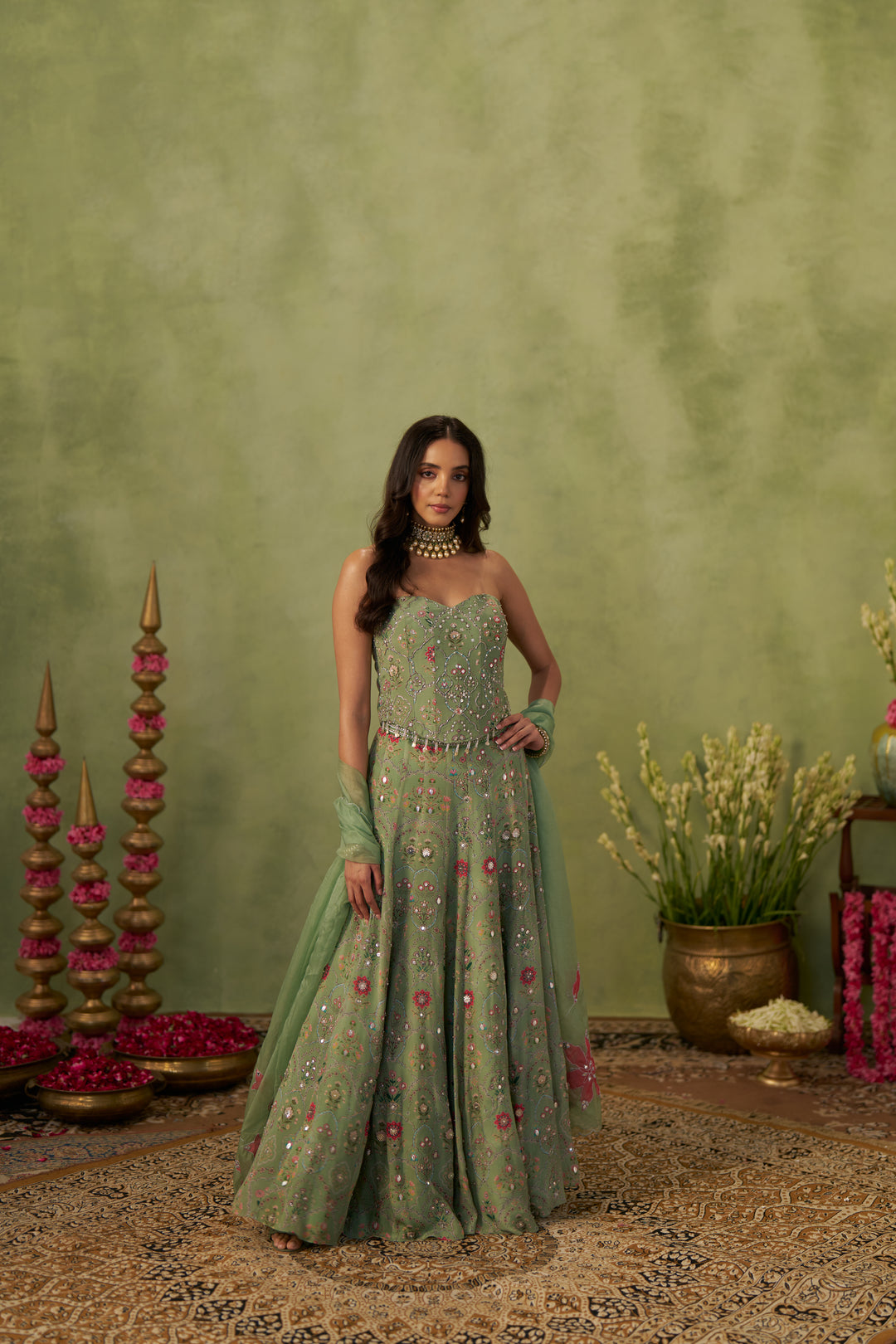 Pista Corset And Lehenga With Dupatta
