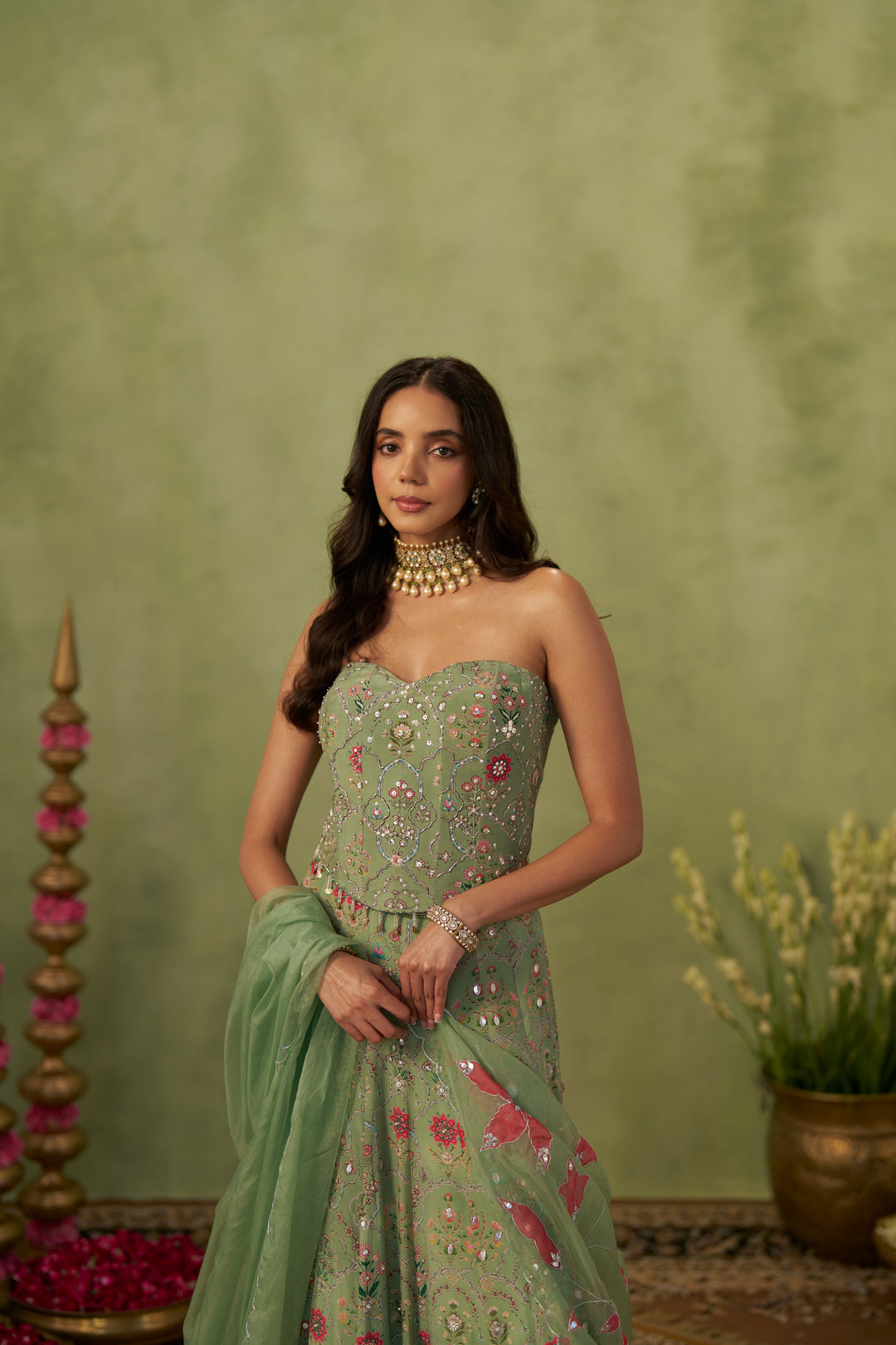 Pista Corset And Lehenga With Dupatta