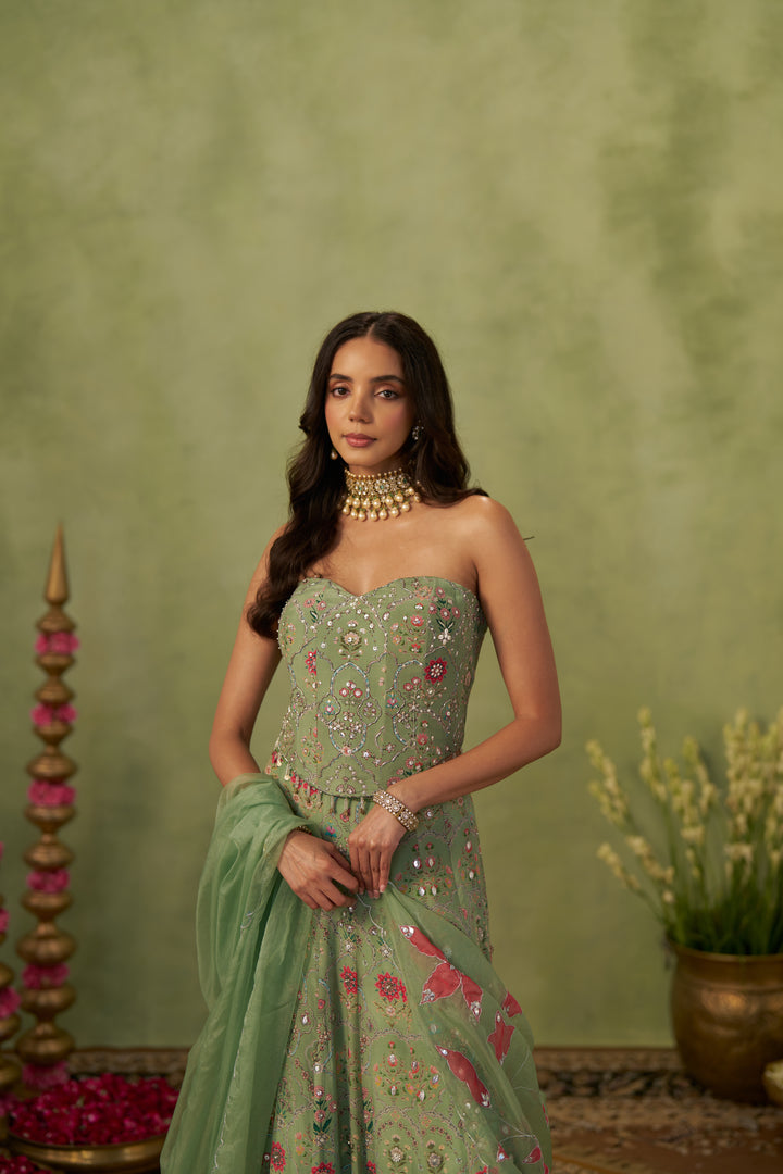Pista Corset And Lehenga With Dupatta