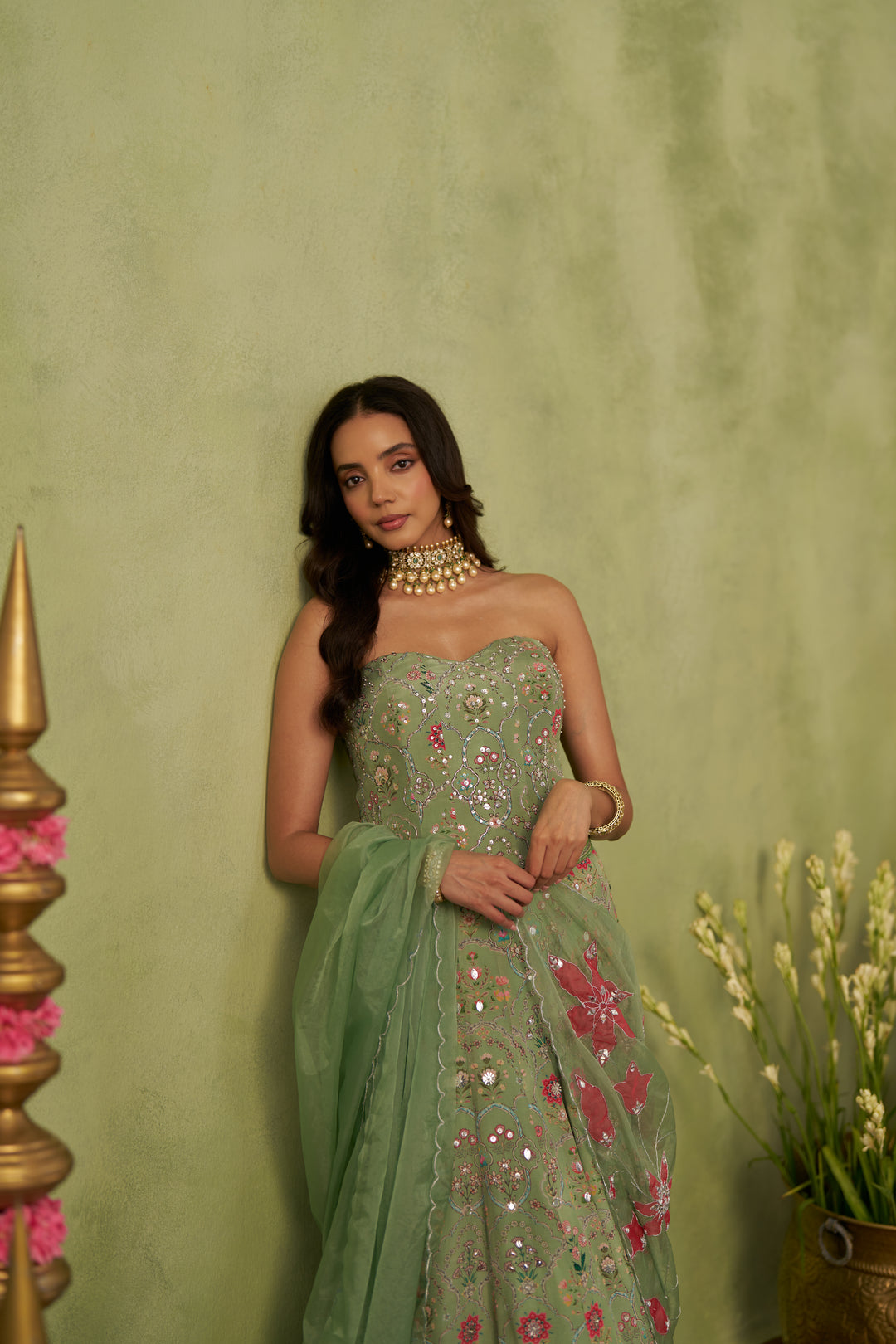 Pista Corset And Lehenga With Dupatta