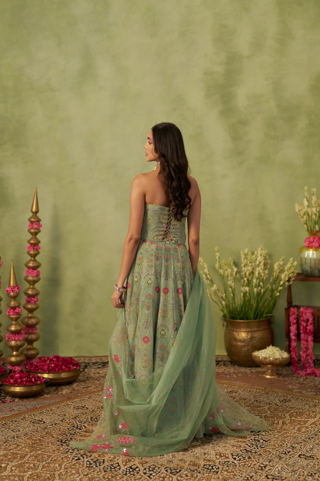 Pista Corset And Lehenga With Dupatta