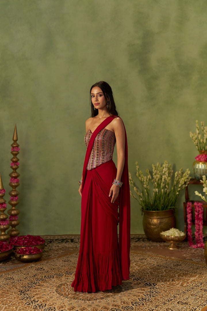 Ruby Red Saree And Corset