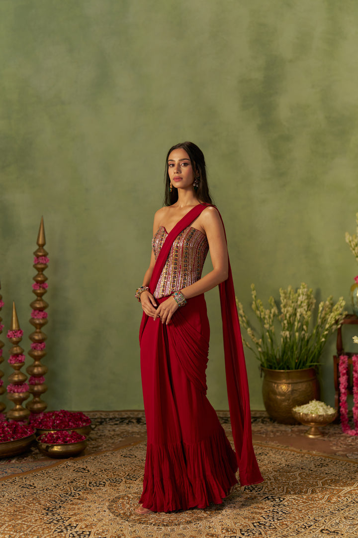 Ruby Red Saree And Corset