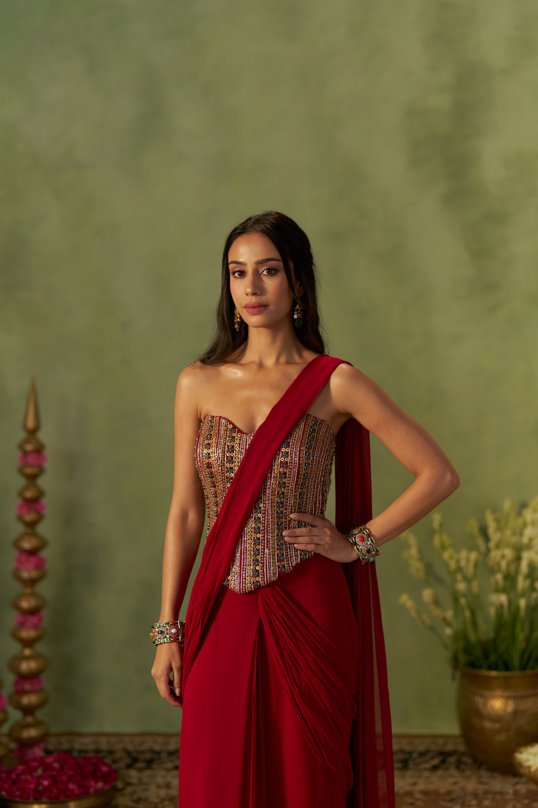 Ruby Red Saree And Corset