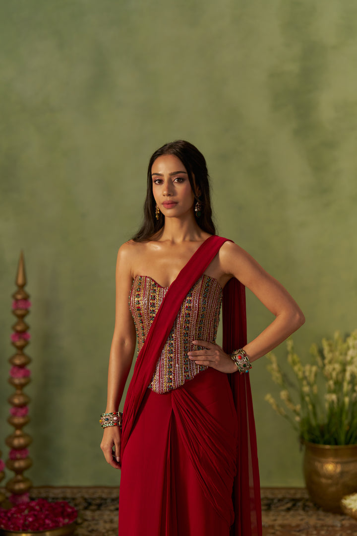 Ruby Red Saree And Corset