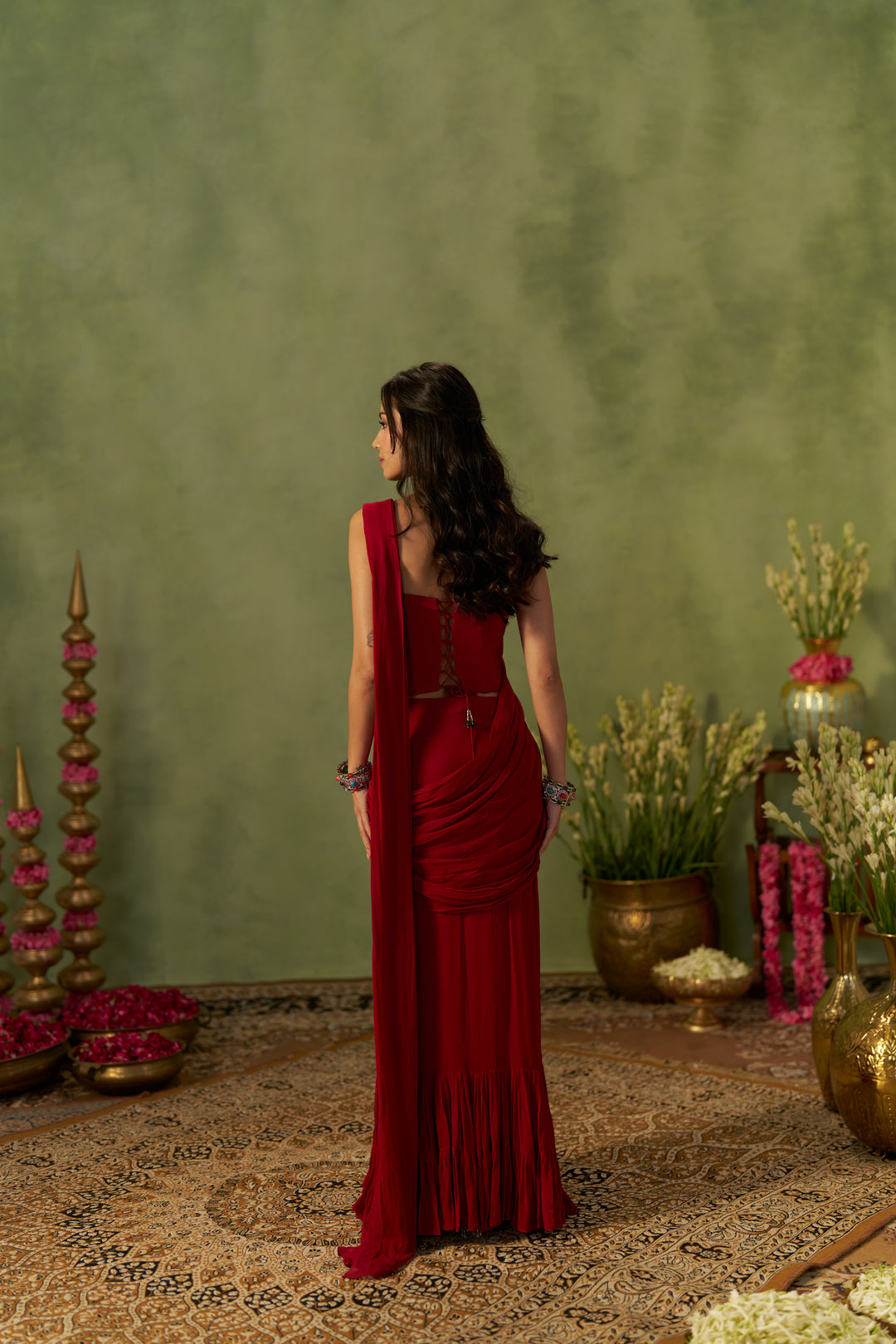 Ruby Red Saree And Corset