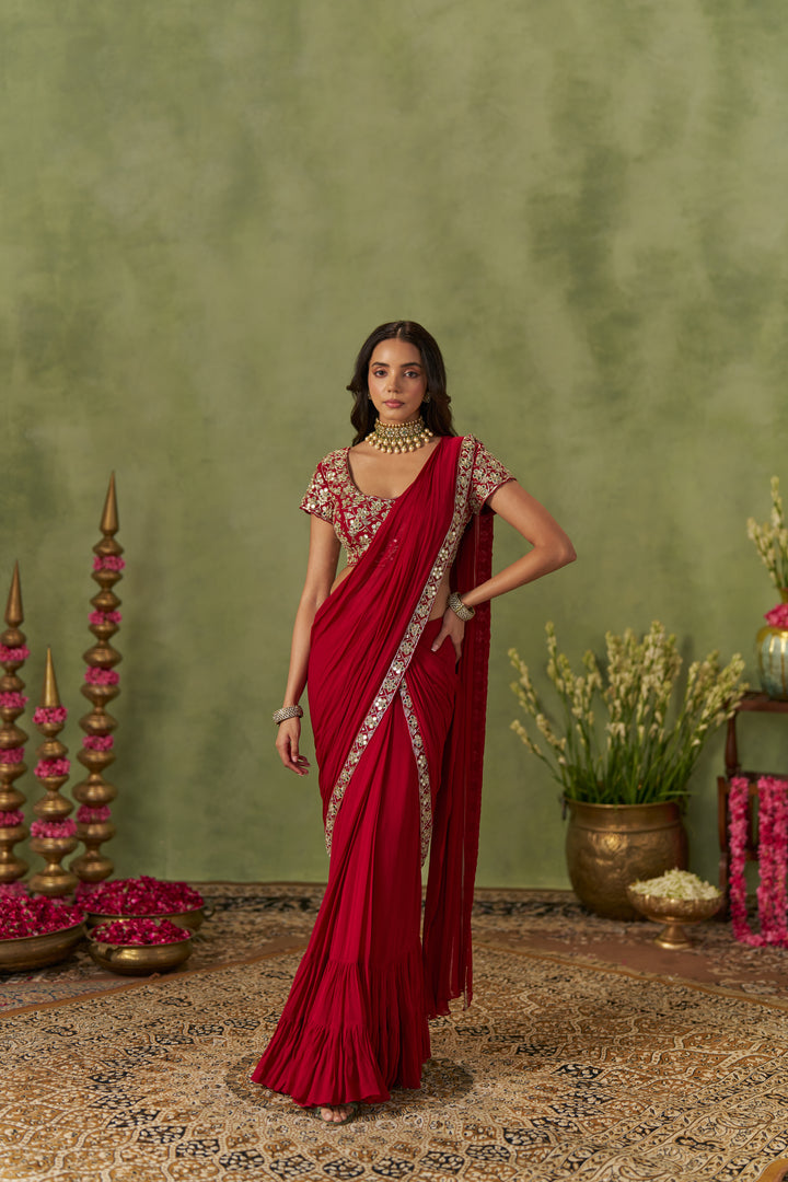 Ruby Red Pre-Draped Saree With Mirror Work Blouse