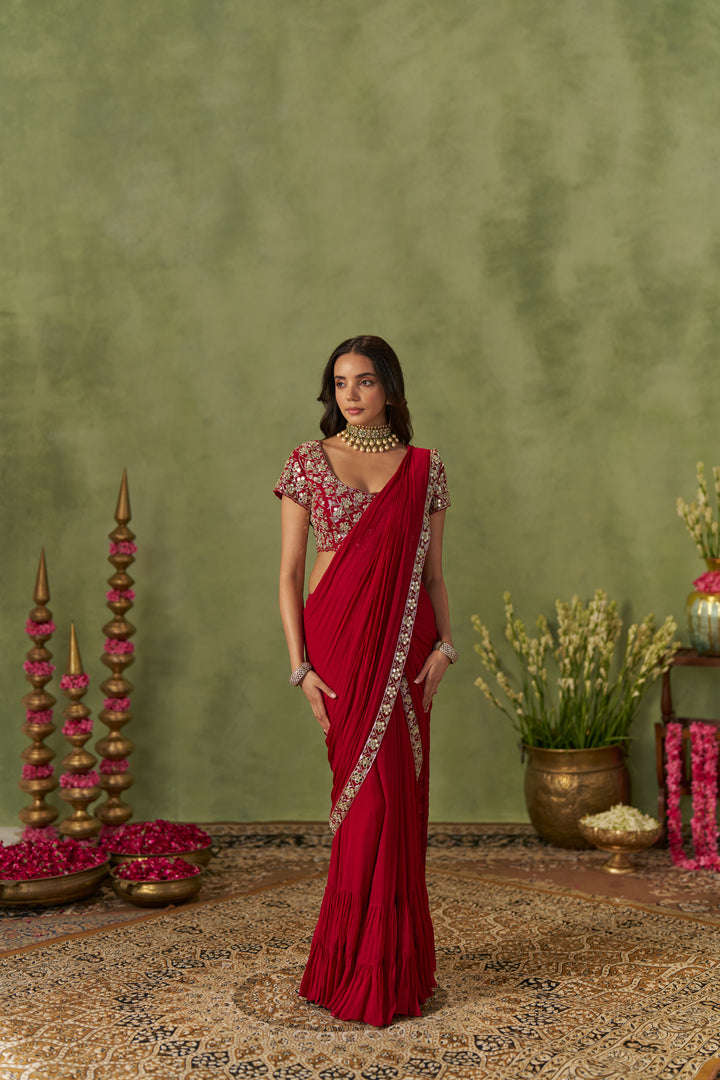 Ruby Red Pre-Draped Saree With Mirror Work Blouse