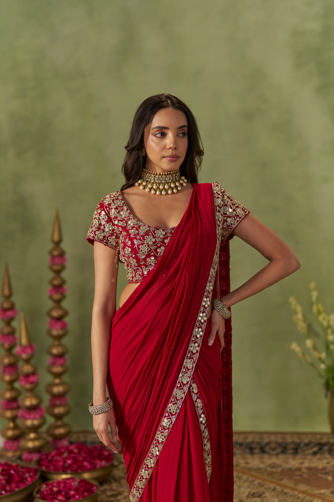 Ruby Red Pre-Draped Saree With Mirror Work Blouse