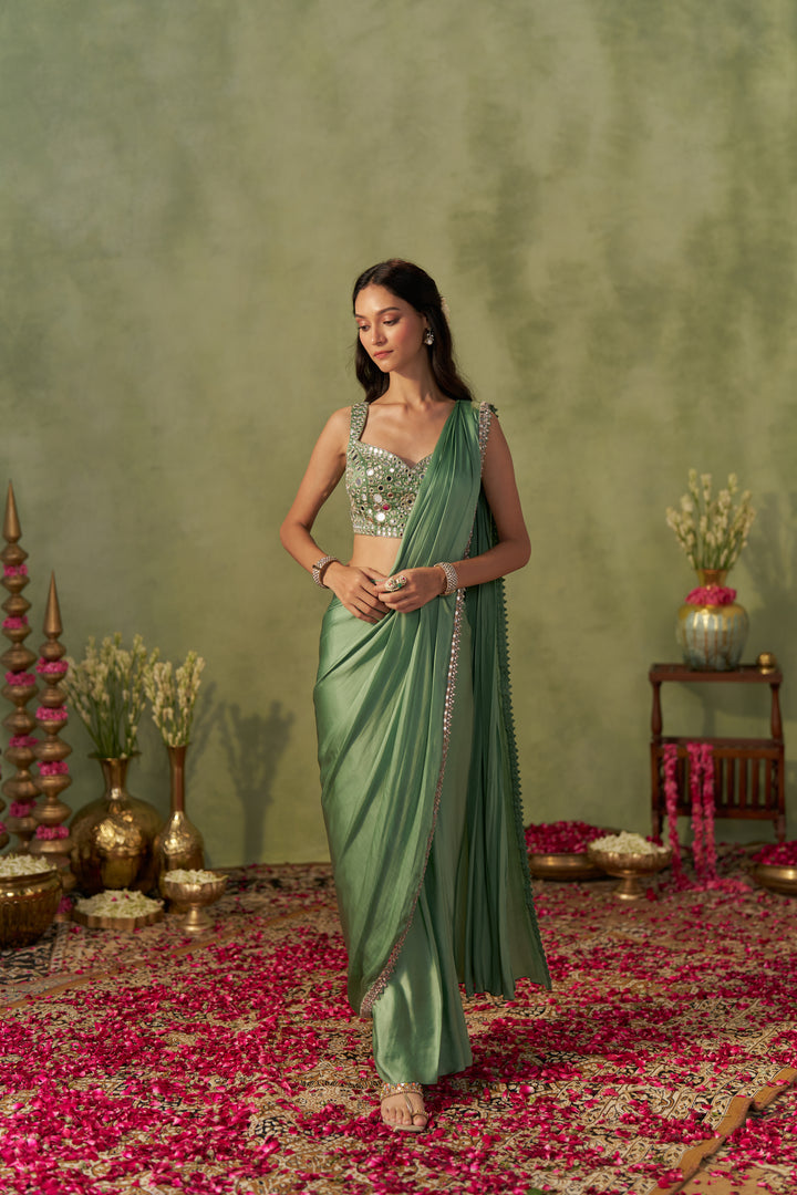Pista Satin Pre-Draped Saree