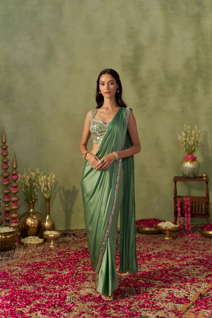 Pista Satin Pre-Draped Saree