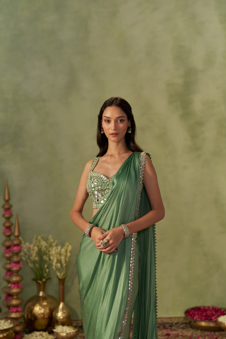Pista Satin Pre-Draped Saree
