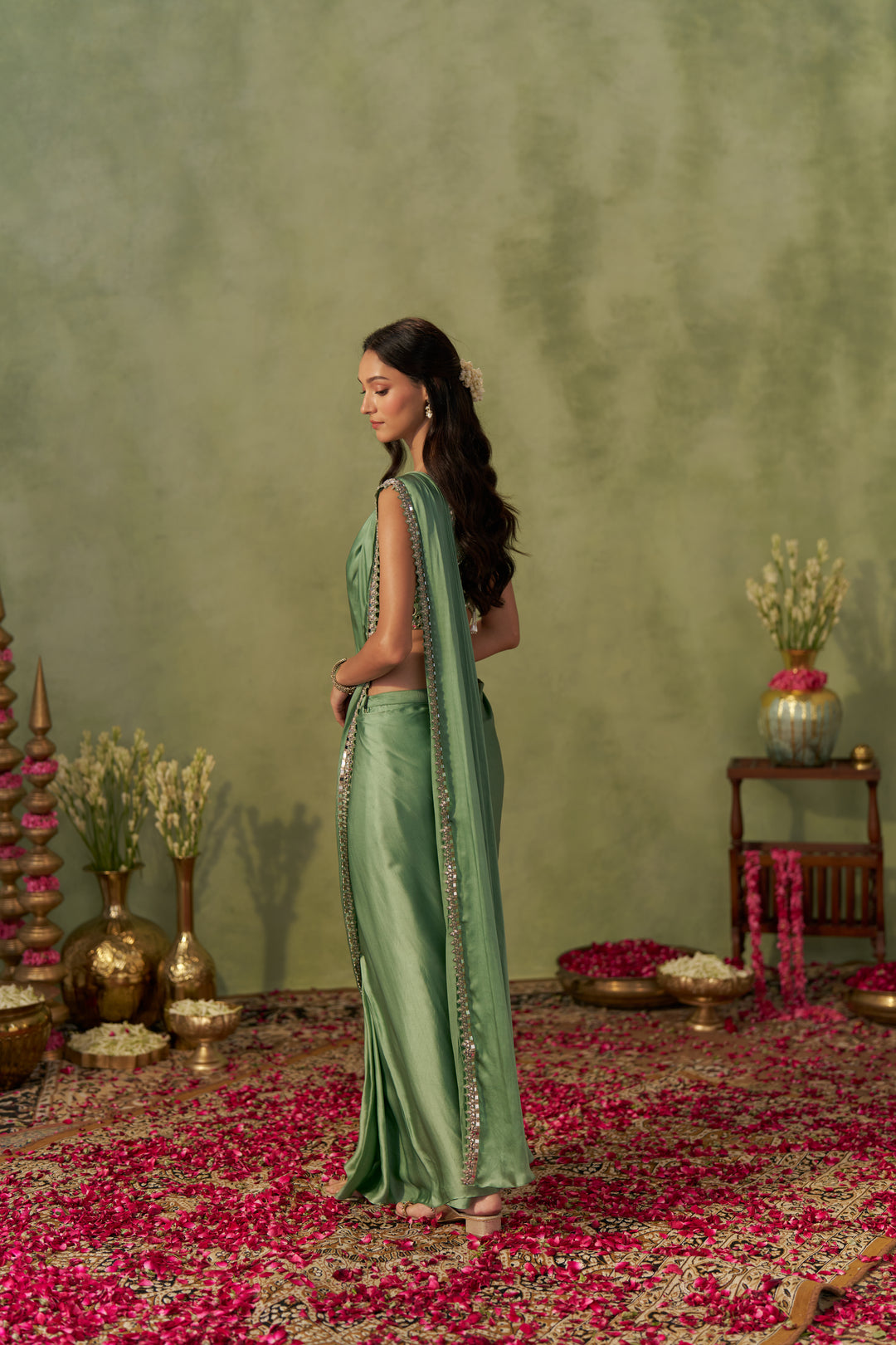 Pista Satin Pre-Draped Saree