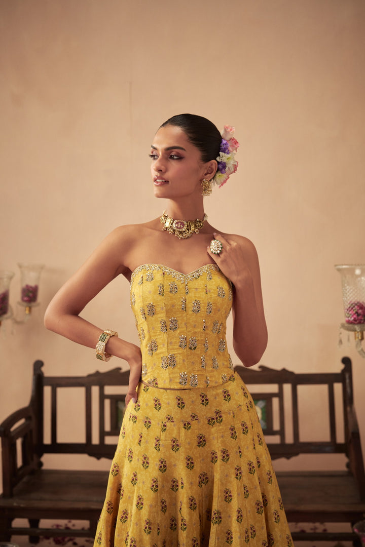 Yellow Booti Lehenga and Corset