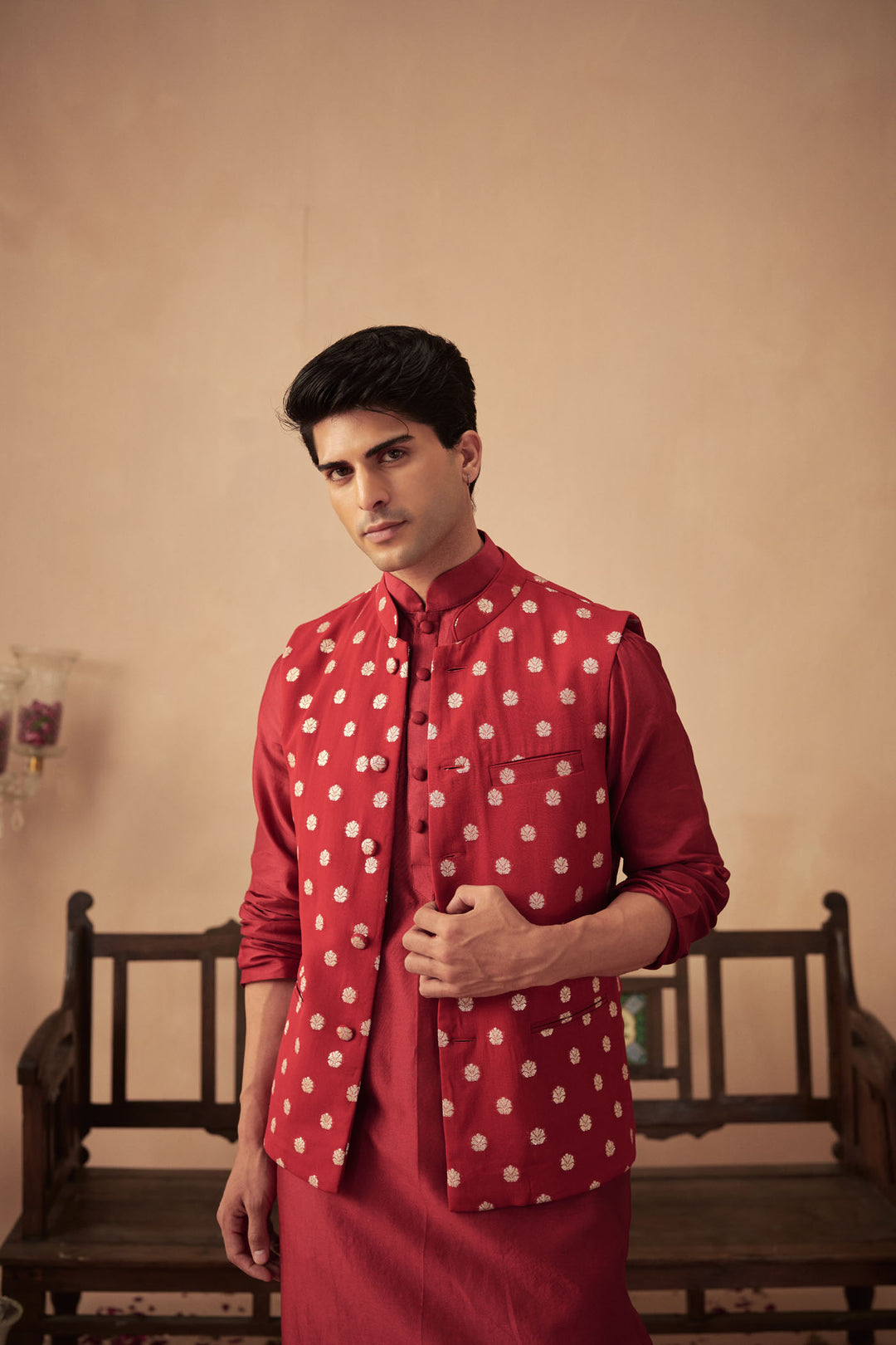 Red Kurta with Banarasi Bundi Set